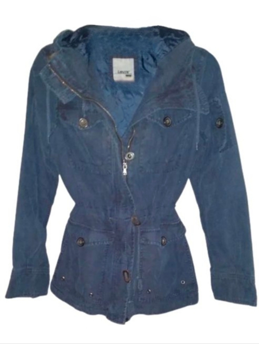Levi's Vintage Blue Utility Jacket w Hood Pockets Zip Cinched Waist Hooded Coat
